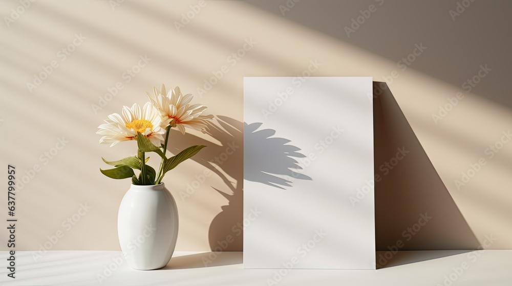 Aufkleber Empty card stock with placeholder text and vase with light shadow on white backdrop Simple corporate design template Overhead view . Mockup image