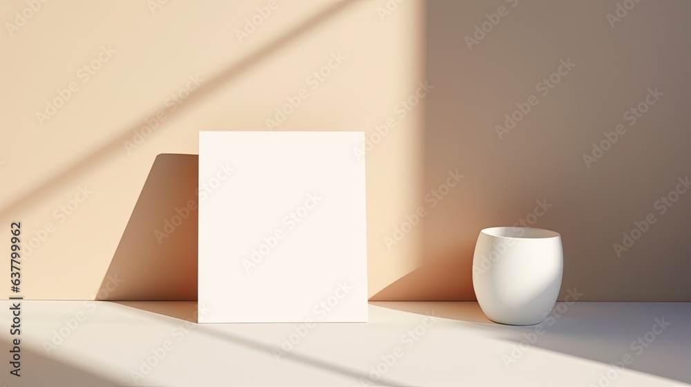 Aufkleber Empty card stock with placeholder text and vase with light shadow on white backdrop Simple corporate design template Overhead view. Mockup image
