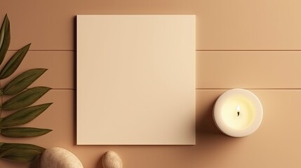 Minimal business brand template featuring blank cards wooden casket candle and sunlight shadow on beige background. Mockup image