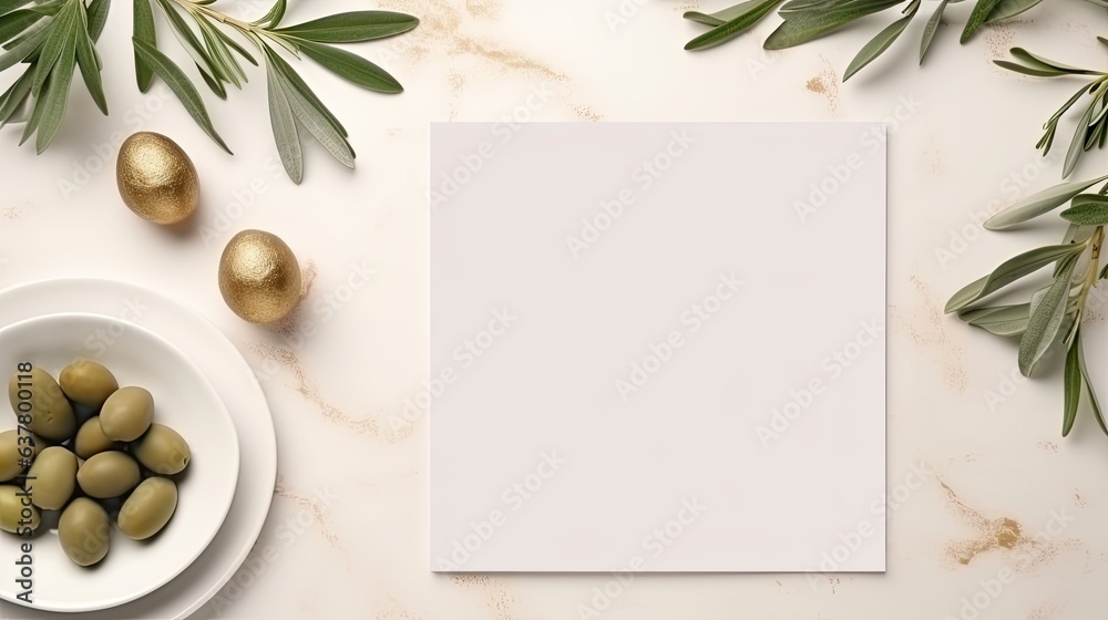 Aufkleber Top view of an elegant wedding table with invitation card porcelain plates adorned with olive branches Modern square blank paper card flat lay with Mediterranean. Mockup image