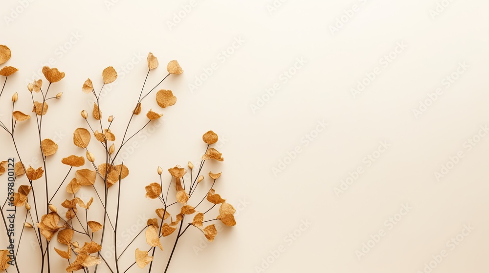 Poster flowers and branch on beige background laid flat with space for text mockup