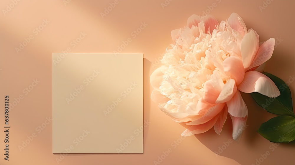 Aufkleber luxury bohemian branding concept with peony flower shadows on peach background top view minimalist a