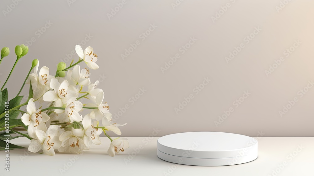 Aufkleber round empty podium with white flowers on light grey background natural frame for advertising copy sp