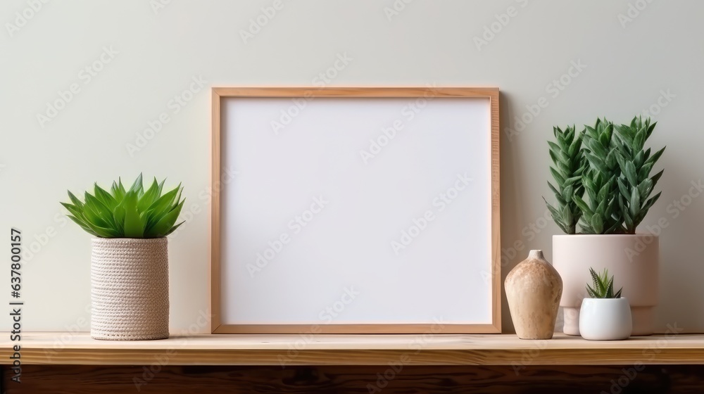 Aufkleber living room with brown frame and green shelf displaying plants in various pots stylish personal item