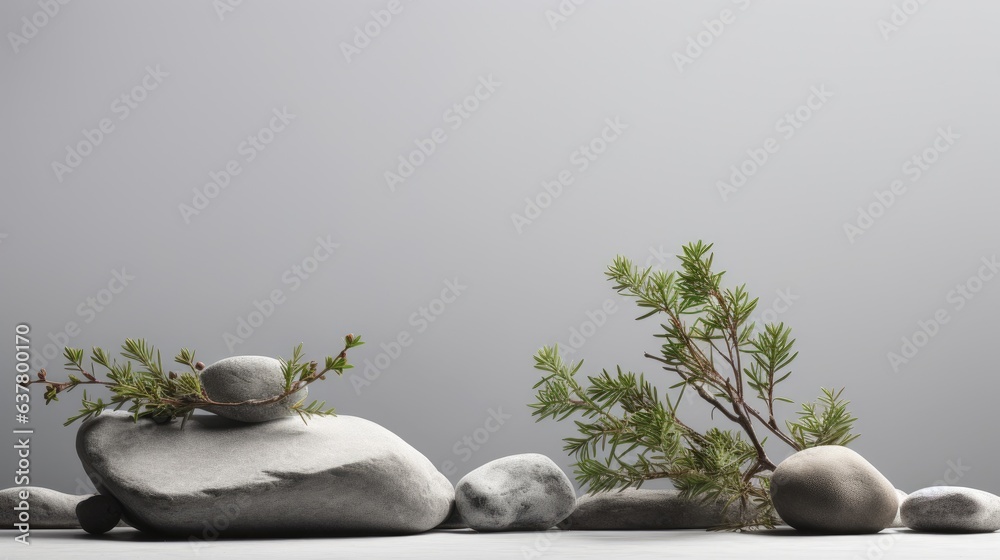 Aufkleber Abstract scene in neutral grey background with stones pine tree branch and a podium for branding or packaging mockup Ample space for copy