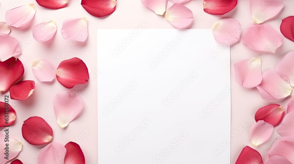 Poster minimal valentine s day template with a blank card pink rose petals in flat lay view . mockup image