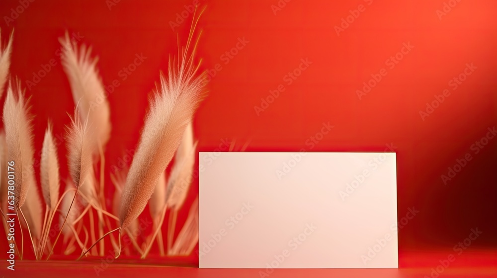 Poster Red background with sunlight shadows silhouette featuring a blank paper sheet card with mockup and rabbit tail grass
