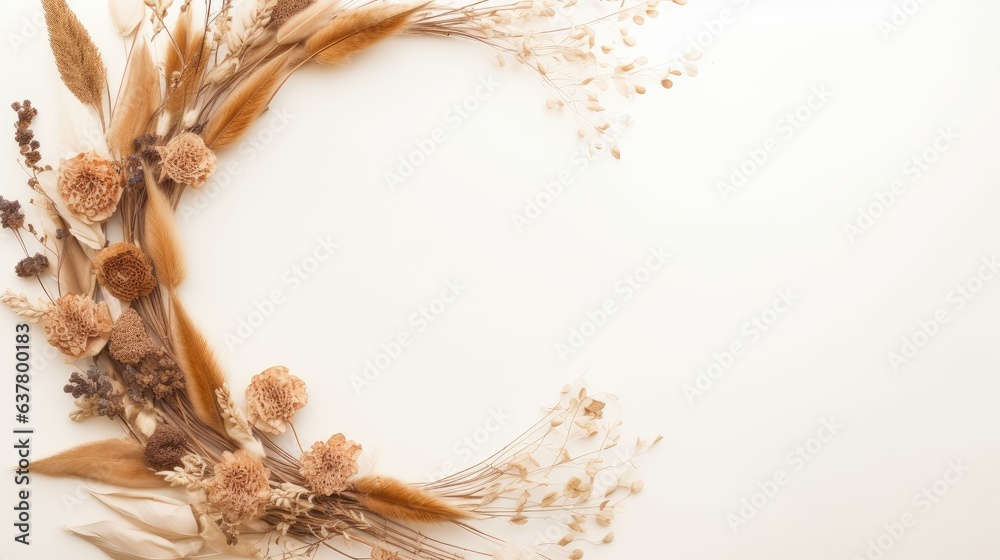 Poster flatlay boho floral template wreath frame with dried grass stems on a white background with copy spa
