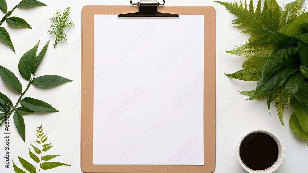 Poster a blank paper sheet on a tablet like pad displayed on an artist s desk in a home office with a mocku