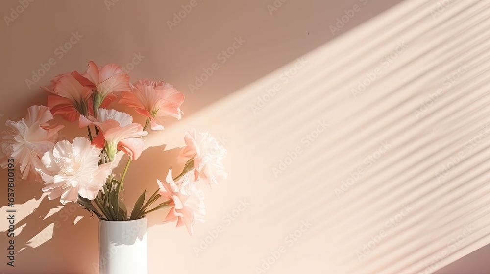Aufkleber minimal brand template with carnation flowers and copy space on blank paper aesthetic shadows in sun