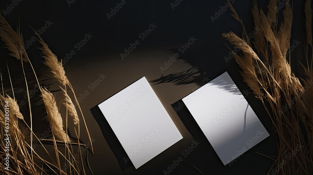 Aufkleber flat lay business cards on dark background with blank space dried grass stem and sunlight shadows mi