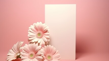 Minimal blank card with copy space and gerber flowers on a pink background Aesthetically pleasing sunlight shadows Simple business branding template. Mockup image
