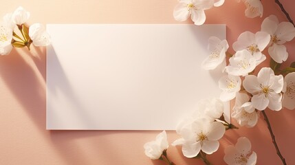 Fototapeta na wymiar Minimal business brand template with blank paper business card and white small flowers on beige pastel background. Mockup image
