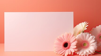 Wedding invitation template with blank card flowers and sunlight shadows on pink background. Mockup image