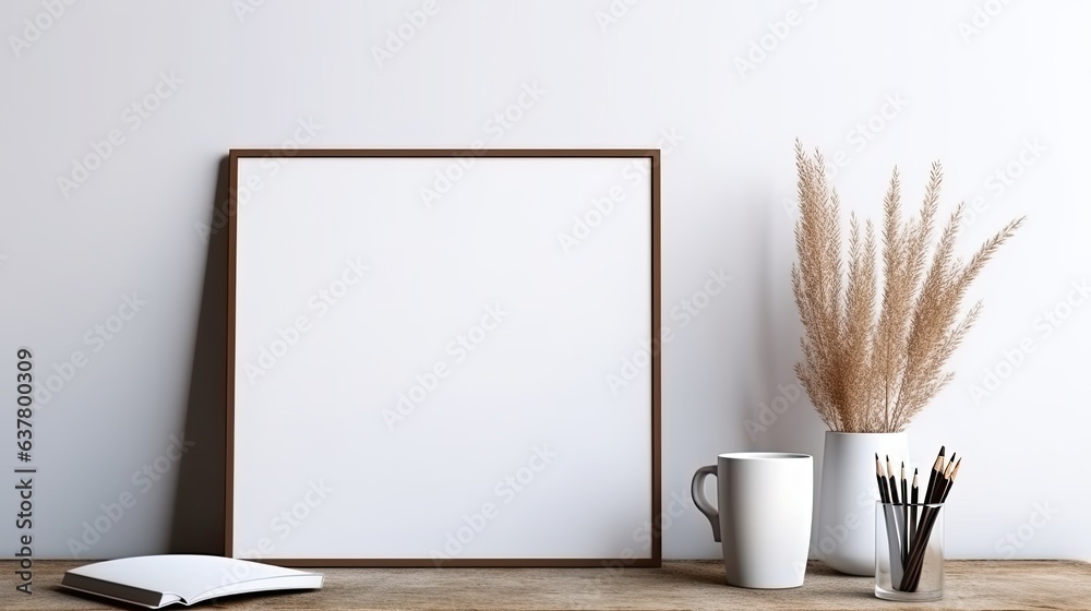 Poster minimalist desk setup with dry grass coffee and pencil holder frame on wall. mockup image