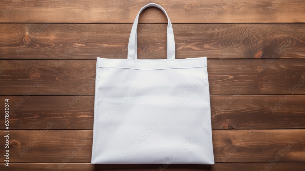 Aufkleber Empty blank template of a reusable shopping bag with a white cotton canvas material placed on a wooden background Top view with copy space suitable for showcasin. Mockup image