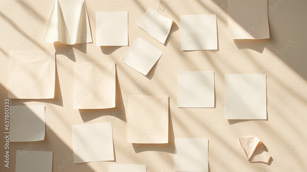Aufkleber minimalist brand template with mockup copy space on blank cards sunlight shadow on fabric background