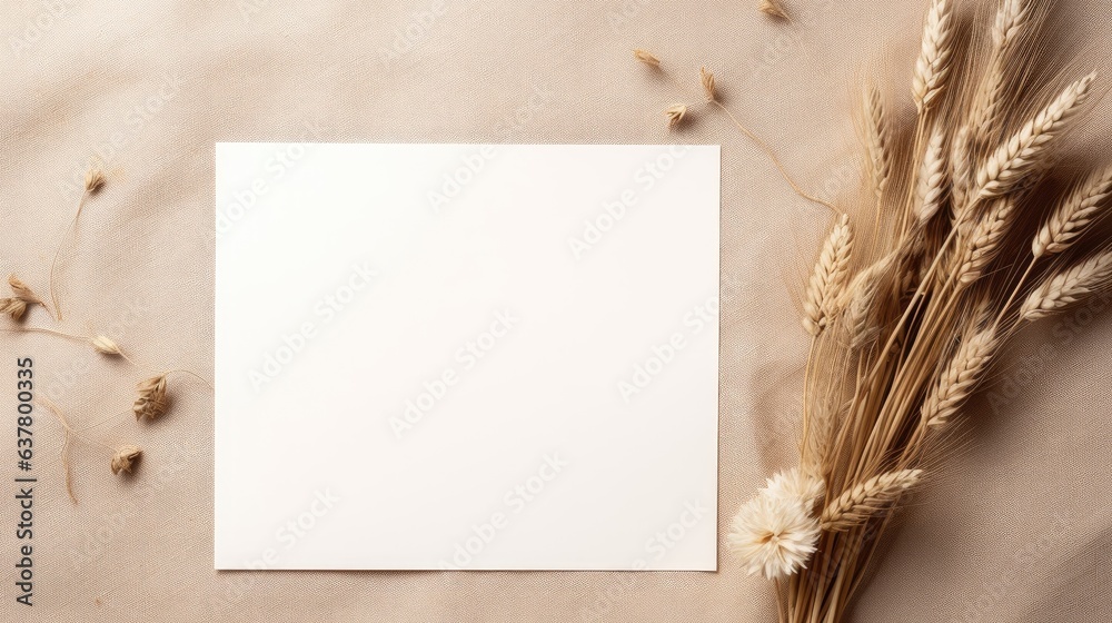 Poster paper card with linen cloth dry oats top view beige neutral tone copy space for text brand and desig