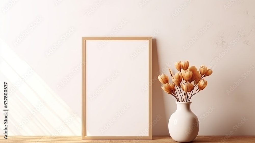 Aufkleber minimalist interior template with empty picture frame vase of flowers on table white wall background