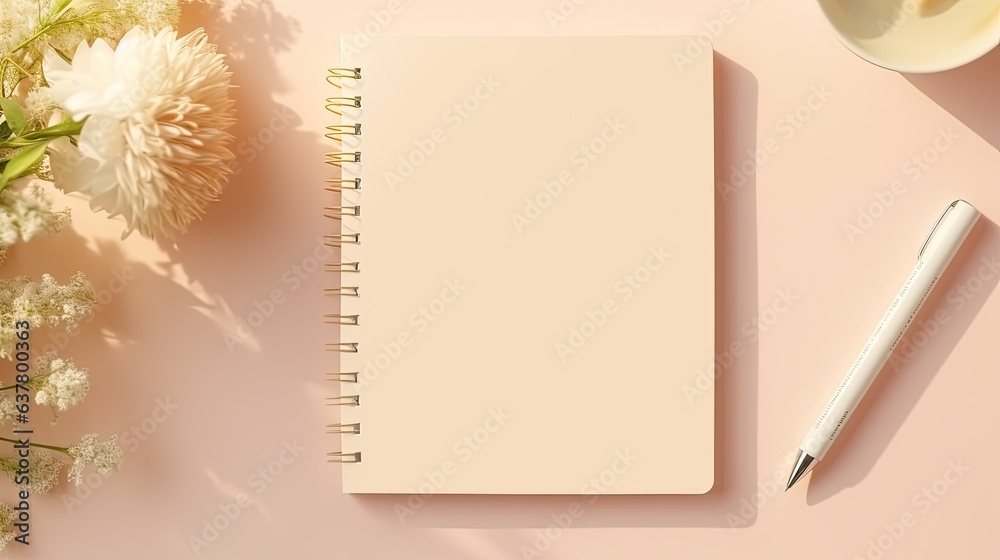 Aufkleber a flat lay workplace template with blank paper notebook pen and floral shadows on a beige background
