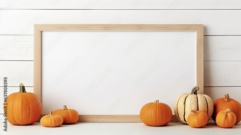 Poster boho style halloween decor with pumpkin mockup and empty space for copy