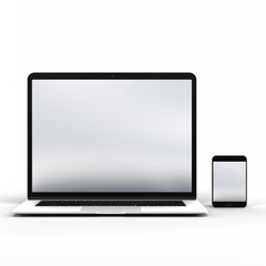Isolated white screen tablet laptop and smartphone composition, no shadow, white background with generative Ai