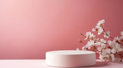 Minimalist flat lay background with an empty white cosmetic product mockup on a trendy pink coral pastel backdrop featuring light shadows and spring flowers
