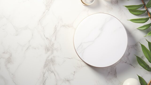 Flat lay mockup scene featuring beauty cosmetics product presentation on a white marble table with a white circle shape and copy space Trendy sunlight and top vi