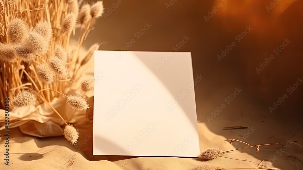 Poster background with blank mockup copy space and dried flower grass on tan paper card illuminated by soft