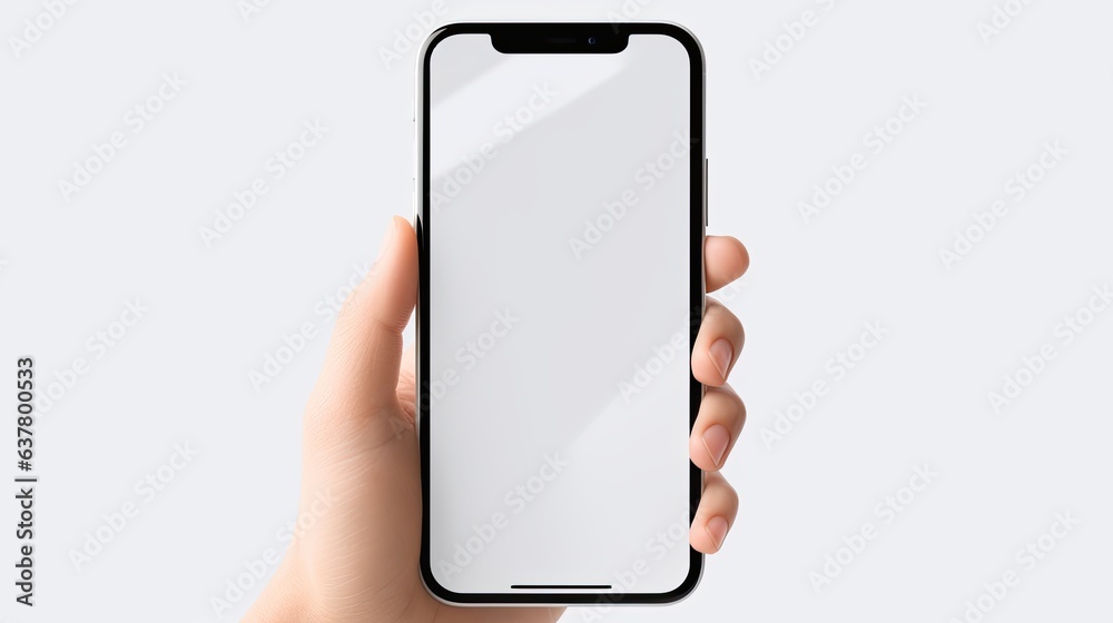 Poster panoramic view of woman s hands on white background using blank screened smartphone. mockup image
