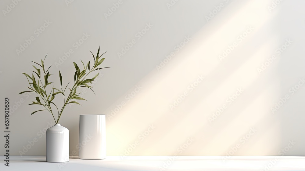 Aufkleber Minimalist botanical backdrop for product display or promotion Neutral tones light and shadow Front view with space for copy or packaging . Mockup image