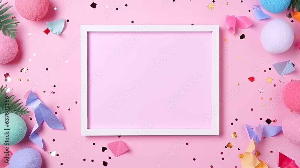 Wall mural Colorful papers on a pink background with copy space and a frame for invitations and celebrations. Mockup image - Wall murals