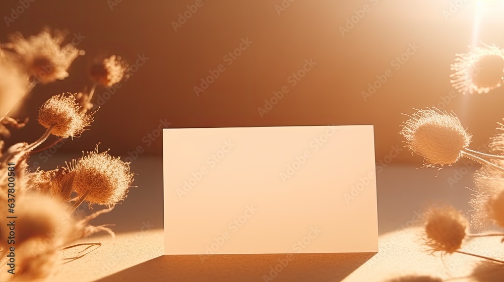 Wall mural blank paper card with dried flower grass on tan background minimal invitation template. mockup image