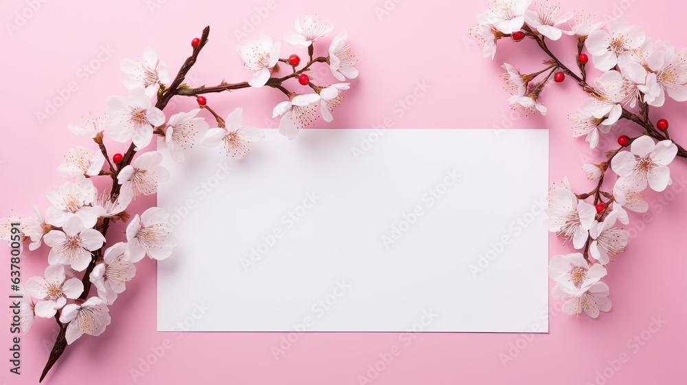 Poster empty white paper with flower decoration on a pink background along with a mockup of a white invitat