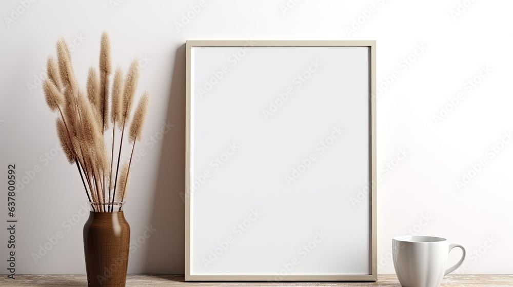 Poster minimalist desk setup with dry grass coffee and pencil holder frame on wall. mockup image
