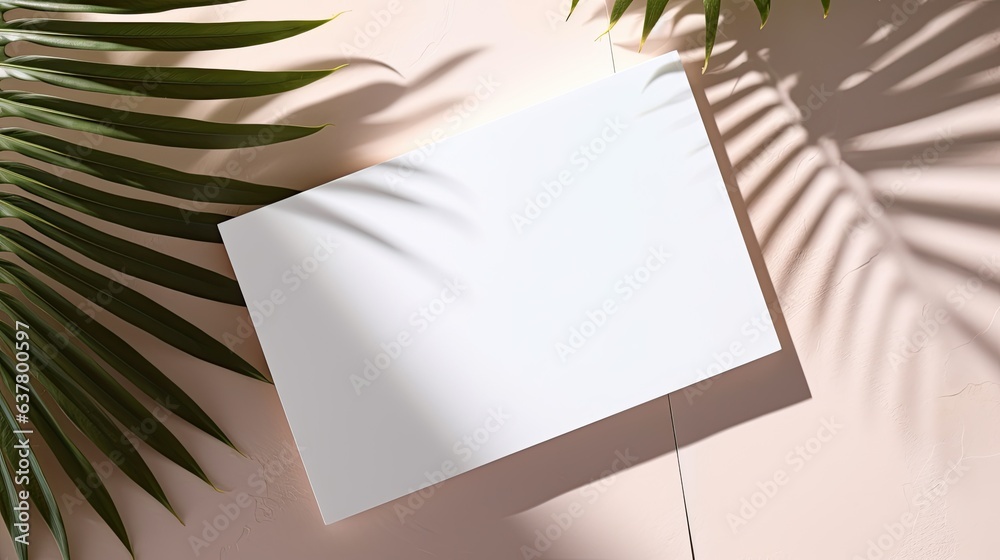 Poster a brand template for business with a minimal design featuring blank cards and a palm leaf on a marbl