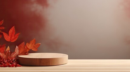 Wooden podium with fall leaves simple backdrop for showcasing products. Mockup image