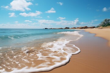 Blue sea wave, white foam, golden sand beach