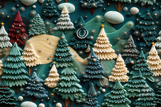 Weihnachtsb&auml;ume aus Garn gestickt auf Stoff als 3D-Textur Hintergrund f&uuml;r Weihnachten.