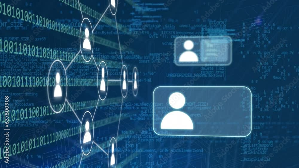 Poster animation of network of profile icons, binary coding and data processing against blue background