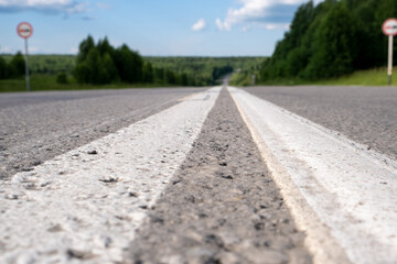 Fototapeta premium Country road with markings in the middle of the forest. Path and forward movement in the sun. Beautiful, green forest in the spring at sunset. Concept for success in the future goal and passing time