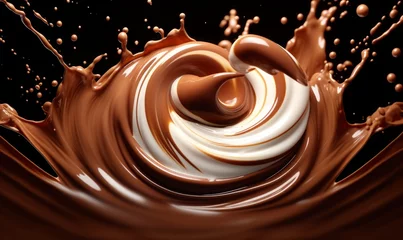 Rolgordijnen Chocolate splash with milk spin or pouring. hot drink dynamic mixing for demonstration food shot background. Generative AI © Hitesh