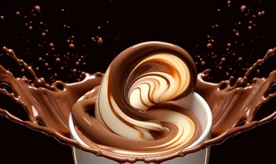 Fototapeten Chocolate splash with milk spin or pouring. hot drink dynamic mixing for demonstration food shot background. Generative AI © Hitesh