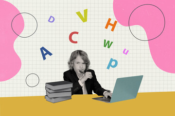 illustration collage of little school kid boy pupil have online lesson use laptop remote studying zoom learn letters foreign alphabet