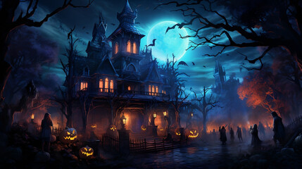 Fototapeta na wymiar Mystical Haunted Mansion, A Spooky Halloween Gathering