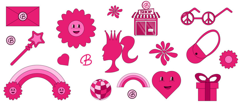 Big set with Trendy Pink Doll element, stickers, icon and symbol. Collage with girl silhouette, shop, flower, rainbow in modern Y2K retro style. Vector illustration.