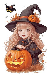 Little witch with pumpkin and bats, Happy Halloween