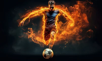 Fotobehang soccer player with football fire flame flying. sport action for advertising, Generative AI © Hitesh