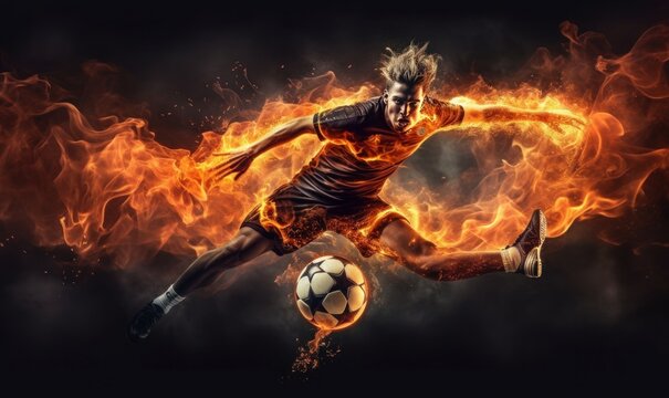 soccer player with football fire flame flying. sport action for advertising, Generative AI