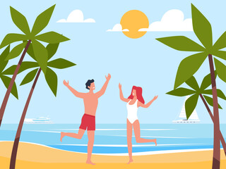Joyful guy and girl in swimsuit jumping on beach enjoying summer vacation. Sea landscape with palm trees. Tropical resort. Happy couple on seaside. Vector cartoon flat travel concept
